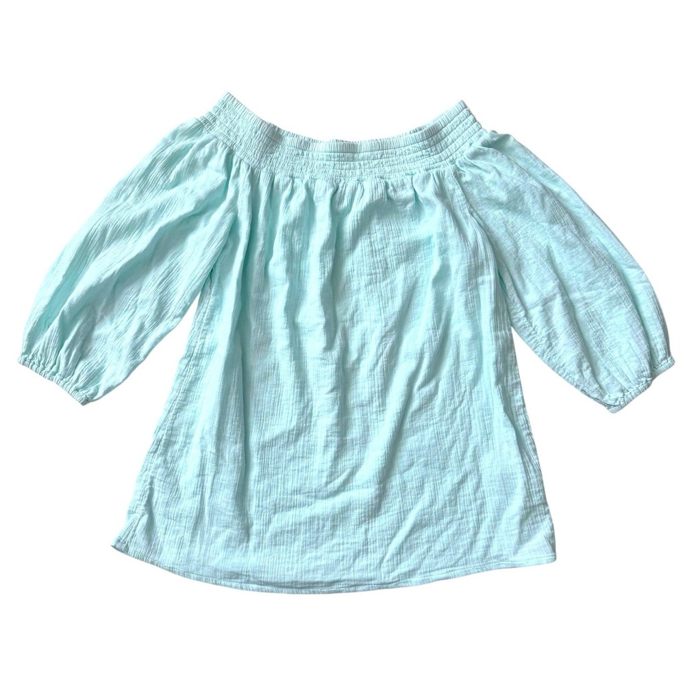 Vineyard Vines Off Shoulder Smocked Cotton Gauze Blouse Top Aqua Blue‎ XS